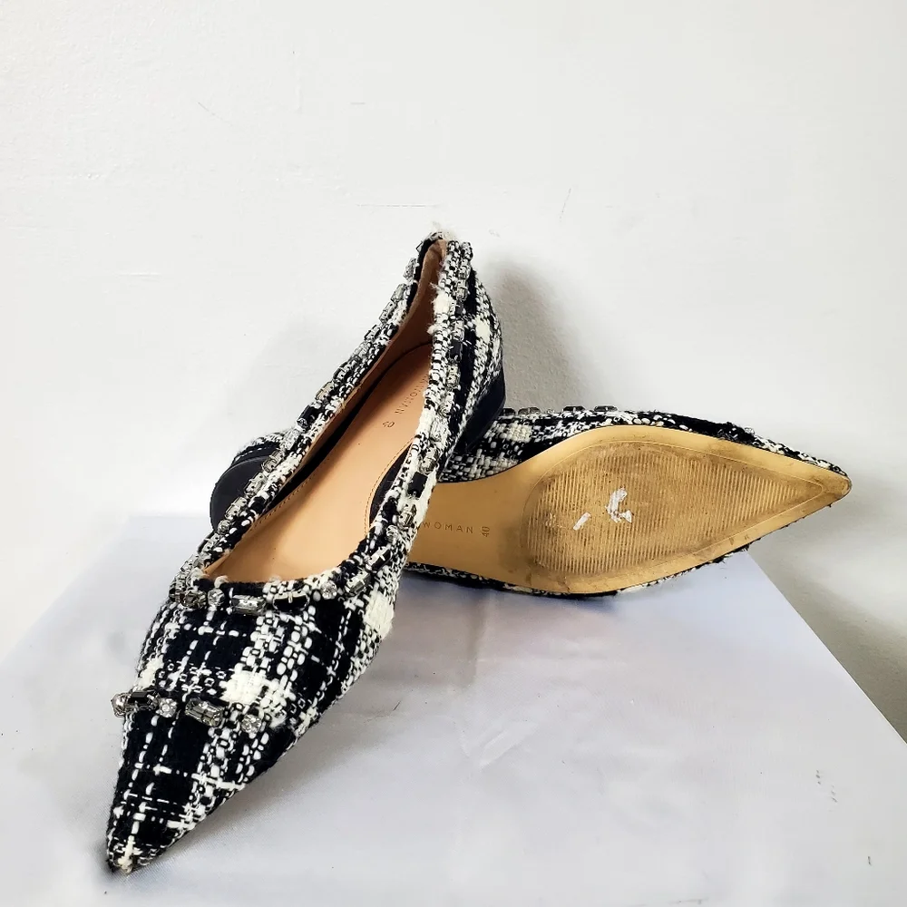 Zara tweed beaded jeweled fabric flat shoes pointed toe size 40EUR - Picture 2 of 12